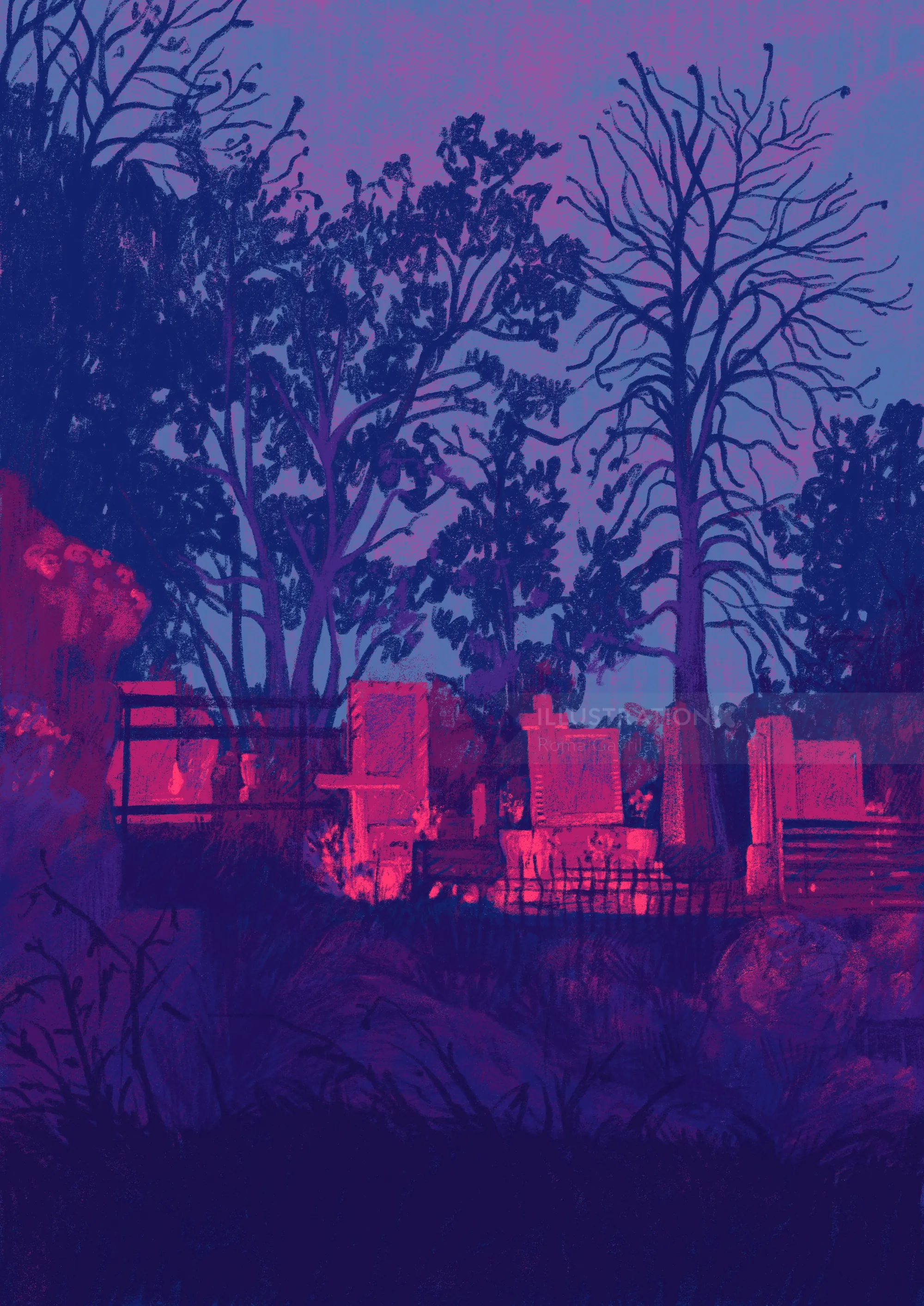 Graveyard with glowing tombstones and bare trees at twilight