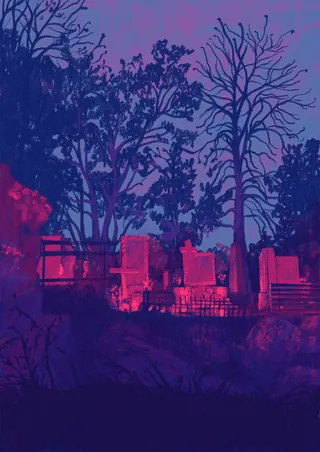 Graveyard with glowing tombstones and bare trees at twilight