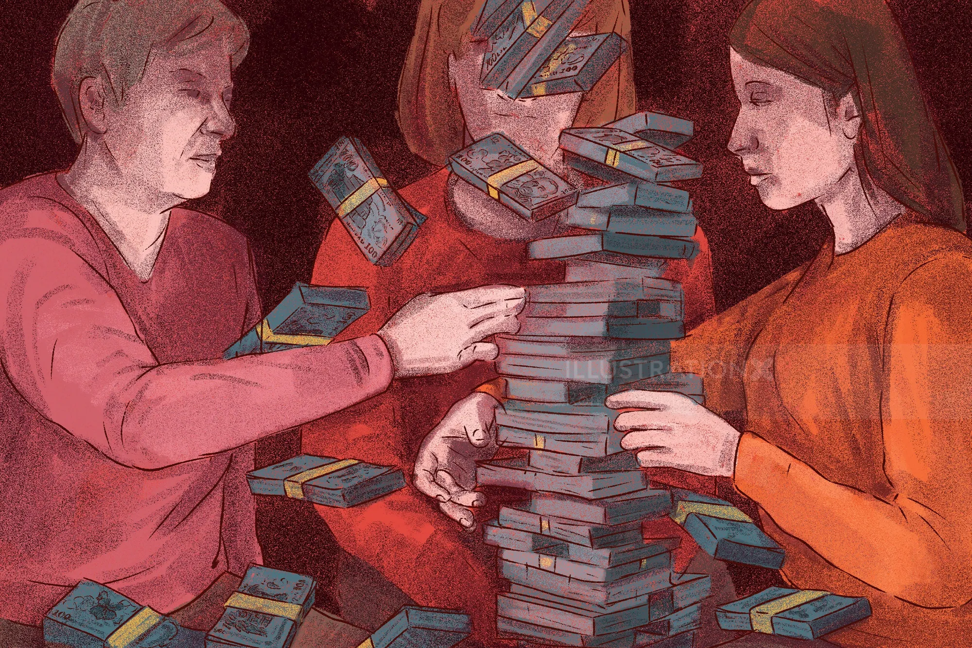Two individuals building a tall stack of books surrounded by floating books
