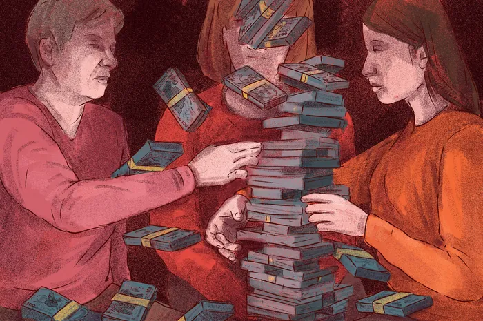 Two individuals building a tall stack of books surrounded by floating books