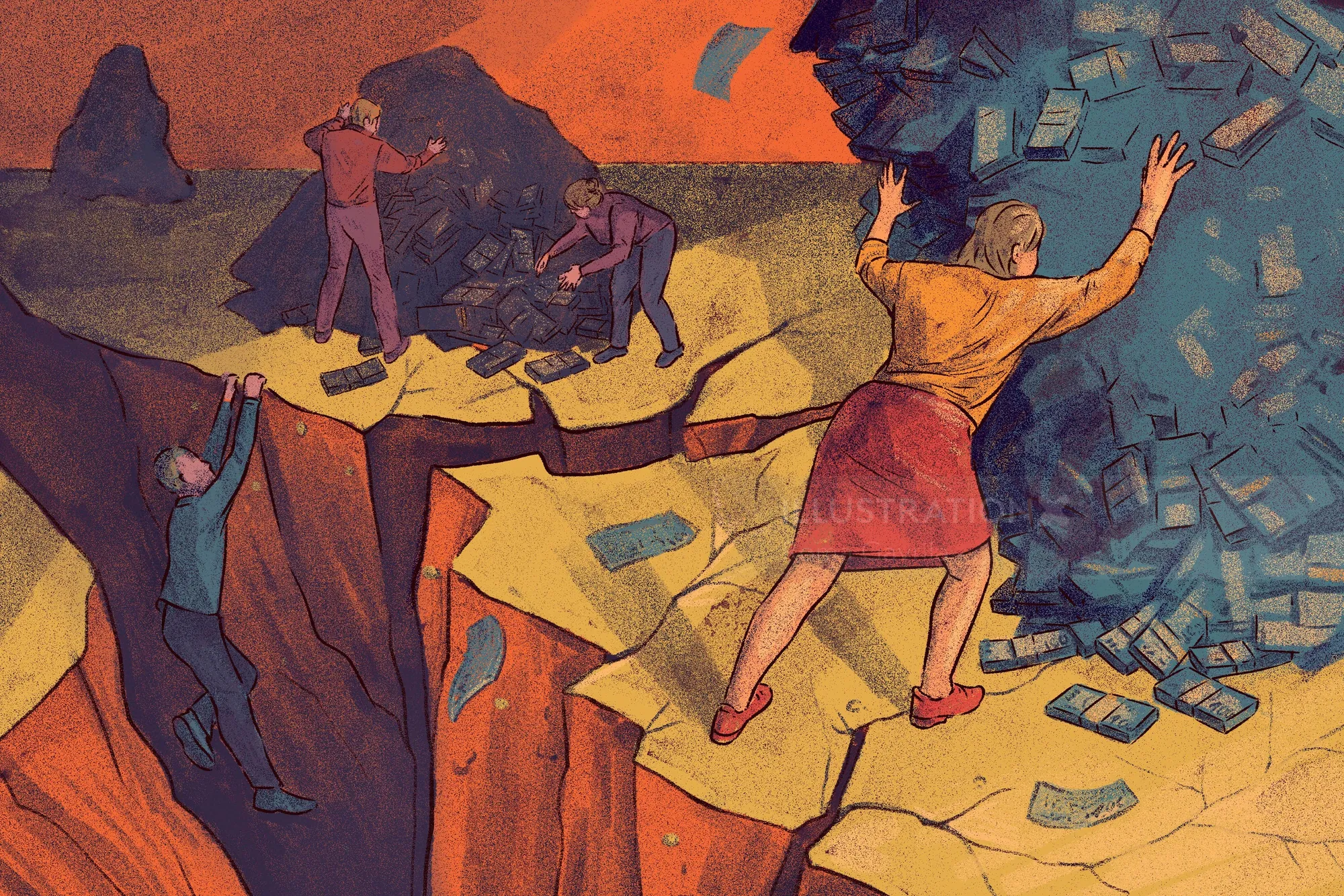 People struggling near cliffs with falling debris in a surreal scene