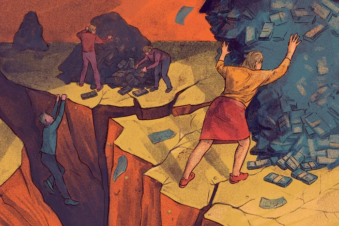 People struggling near cliffs with falling debris in a surreal scene