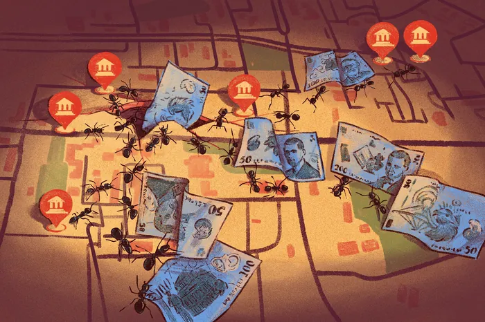 Ants transporting paper money on a map with bank symbols.
