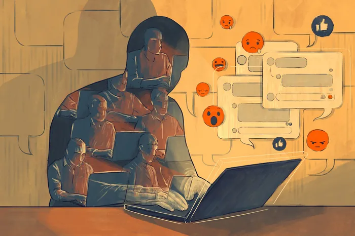 Person typing on laptop with social media reaction icons floating around