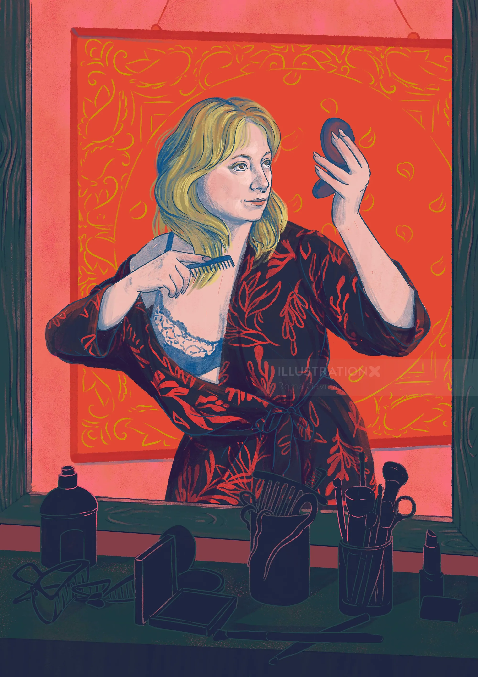 Woman combing her hair while looking in a handheld mirror