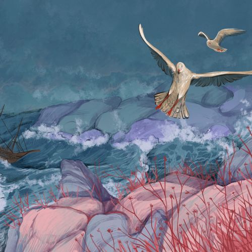 Stormy ocean with shipwreck and seagulls near rocky shore