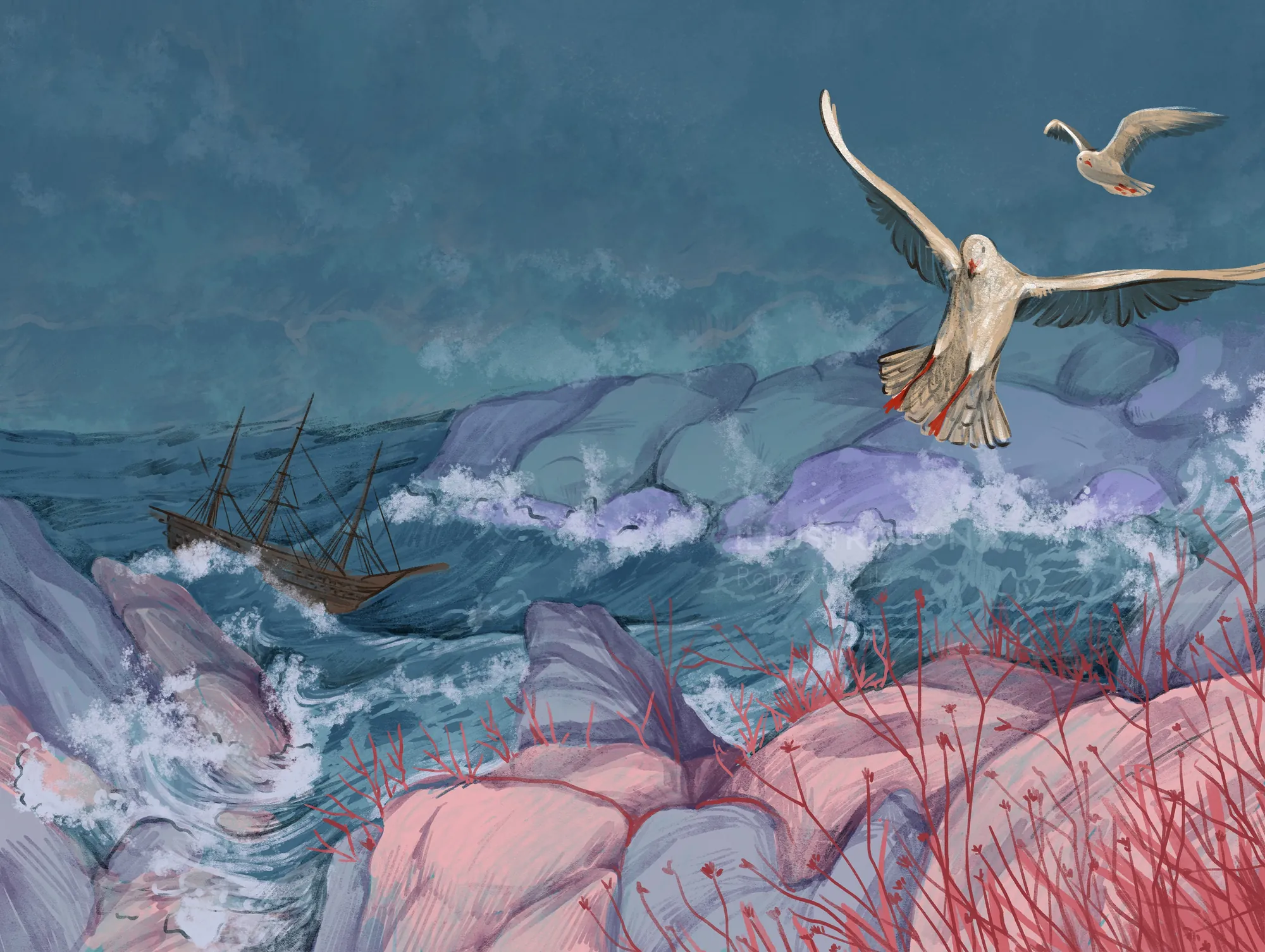 Stormy ocean with shipwreck and seagulls near rocky shore