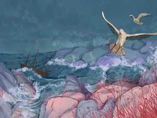Stormy ocean with shipwreck and seagulls near rocky shore