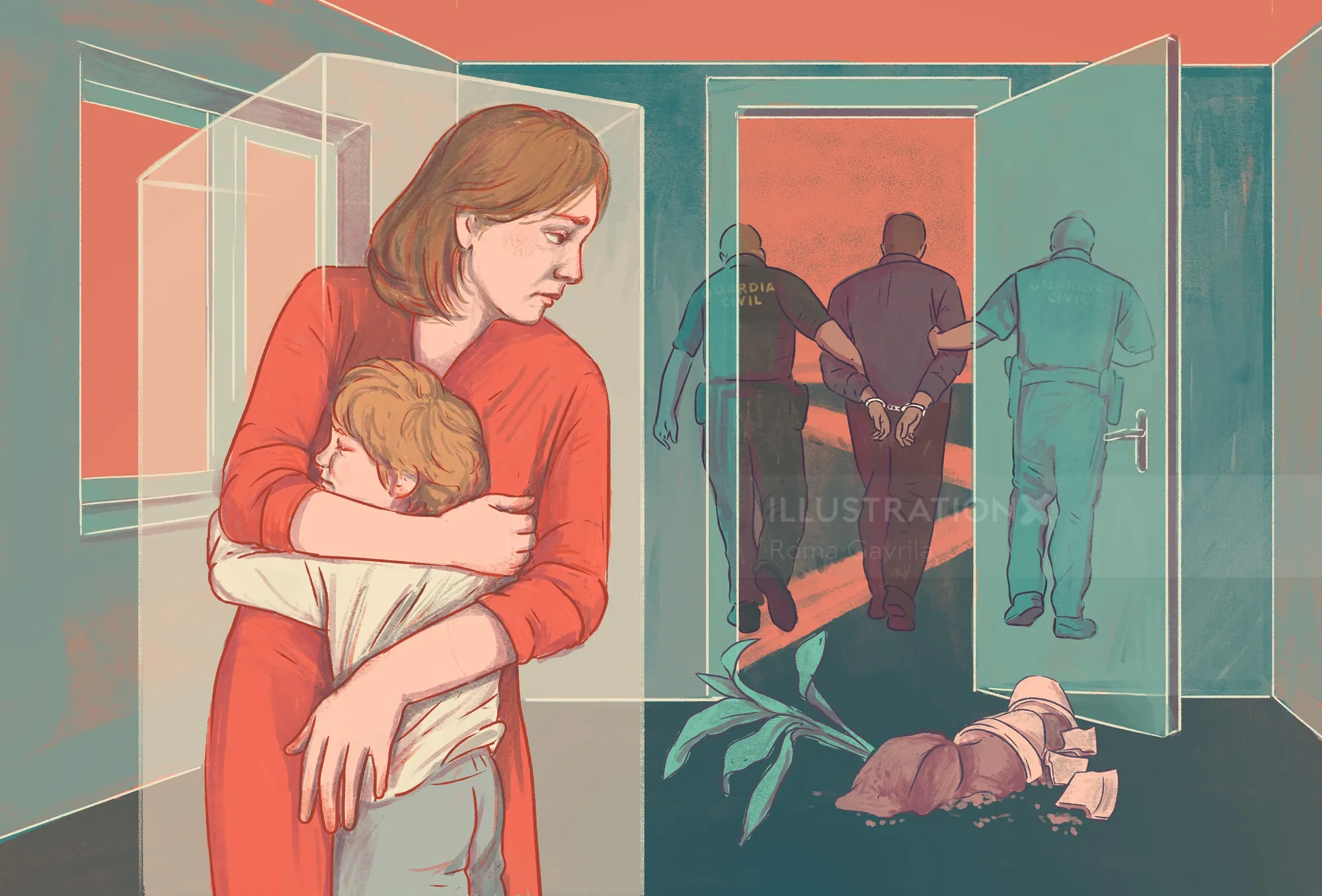 Woman hugging child with shadowy figures and a person lying on the ground