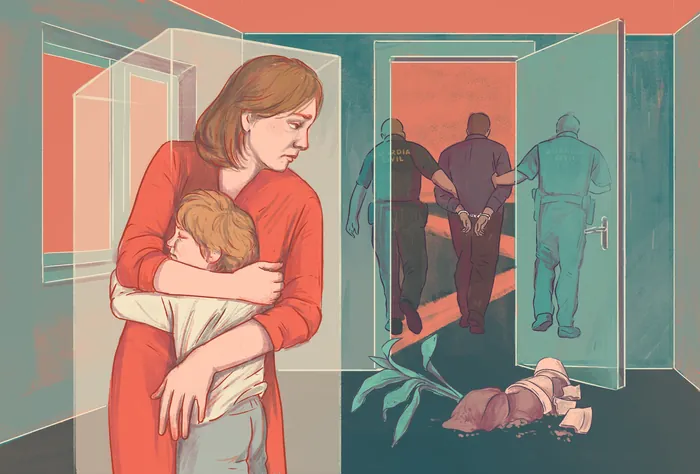 Woman hugging child with shadowy figures and a person lying on the ground