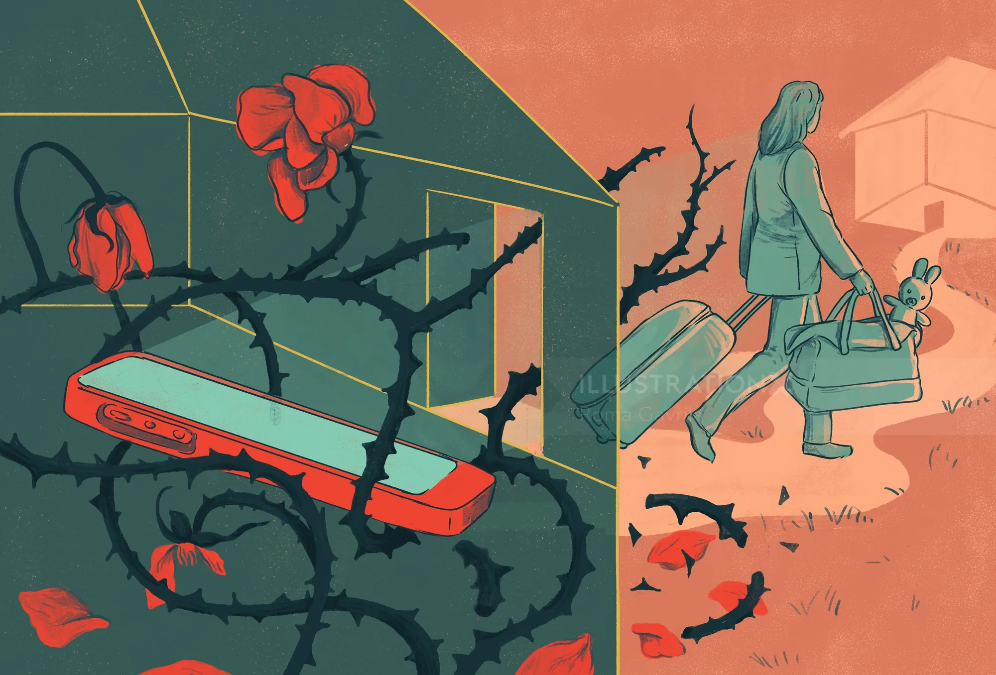 Surreal image showing barbed wire, rose, harmonica, and a person walking away.