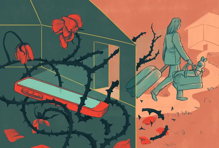 Surreal image showing barbed wire, rose, harmonica, and a person walking away.