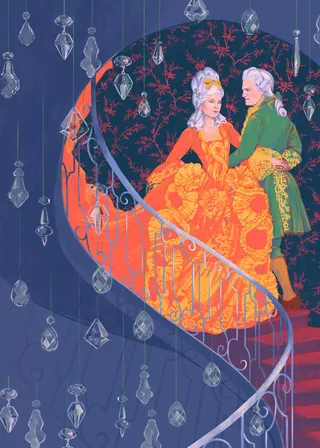 18th-century couple on spiral staircase surrounded by hanging crystal chandeliers