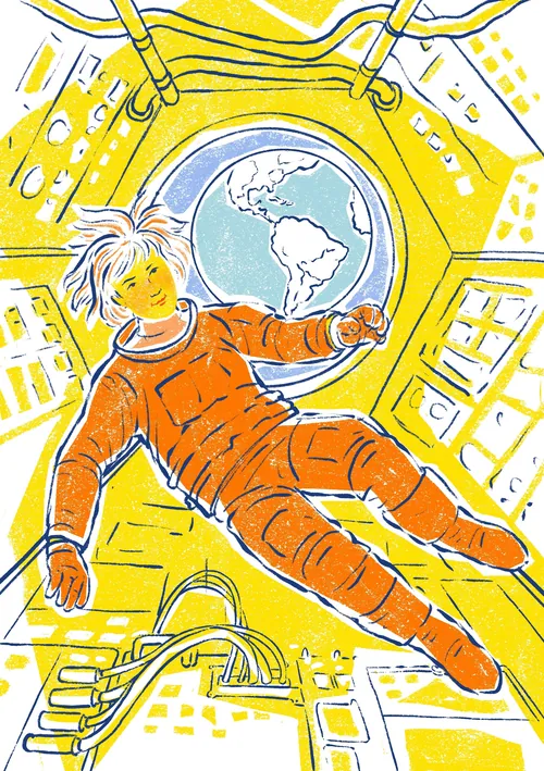Astronautin schwebt in einer Raumstation, die Erde ist draußen sichtbar, Foto: Roma Gavrila