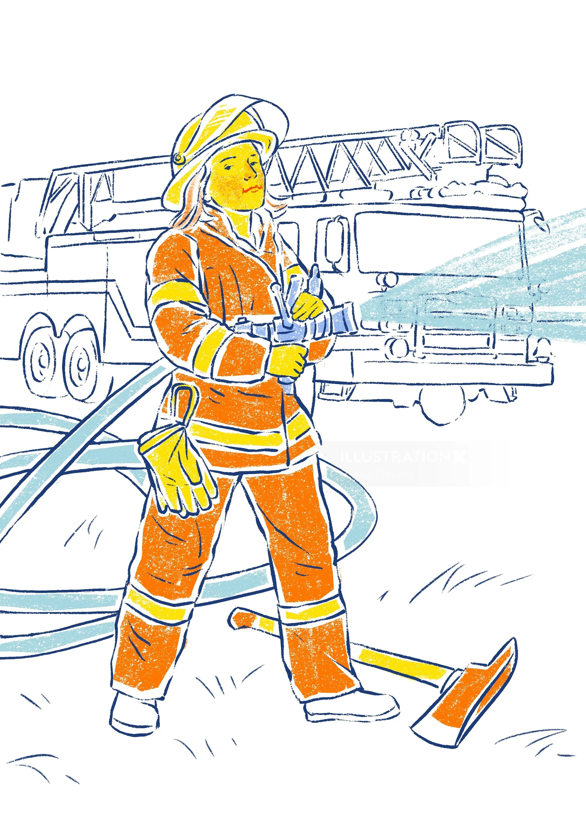 Feuerwehrfrau mit Schlauch und Axt vor einem Feuerwehrauto (Foto: Roma Gavrila)