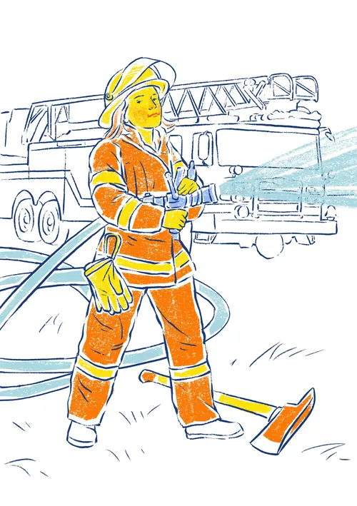 Feuerwehrfrau mit Schlauch und Axt vor einem Feuerwehrauto (Foto: Roma Gavrila)