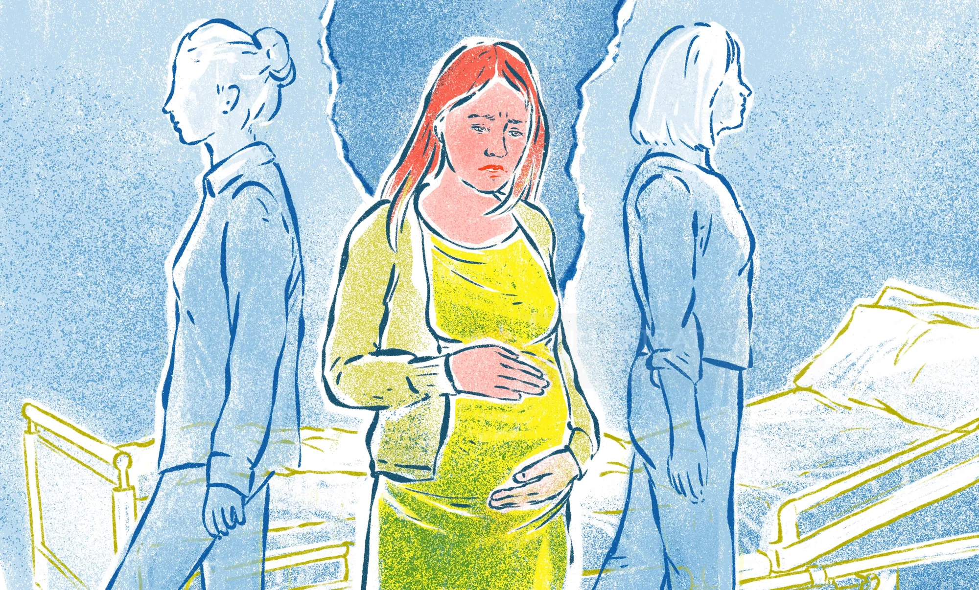 病院で対立する二人の女性に挟まれた妊婦、ローマ・ガヴリラ撮影