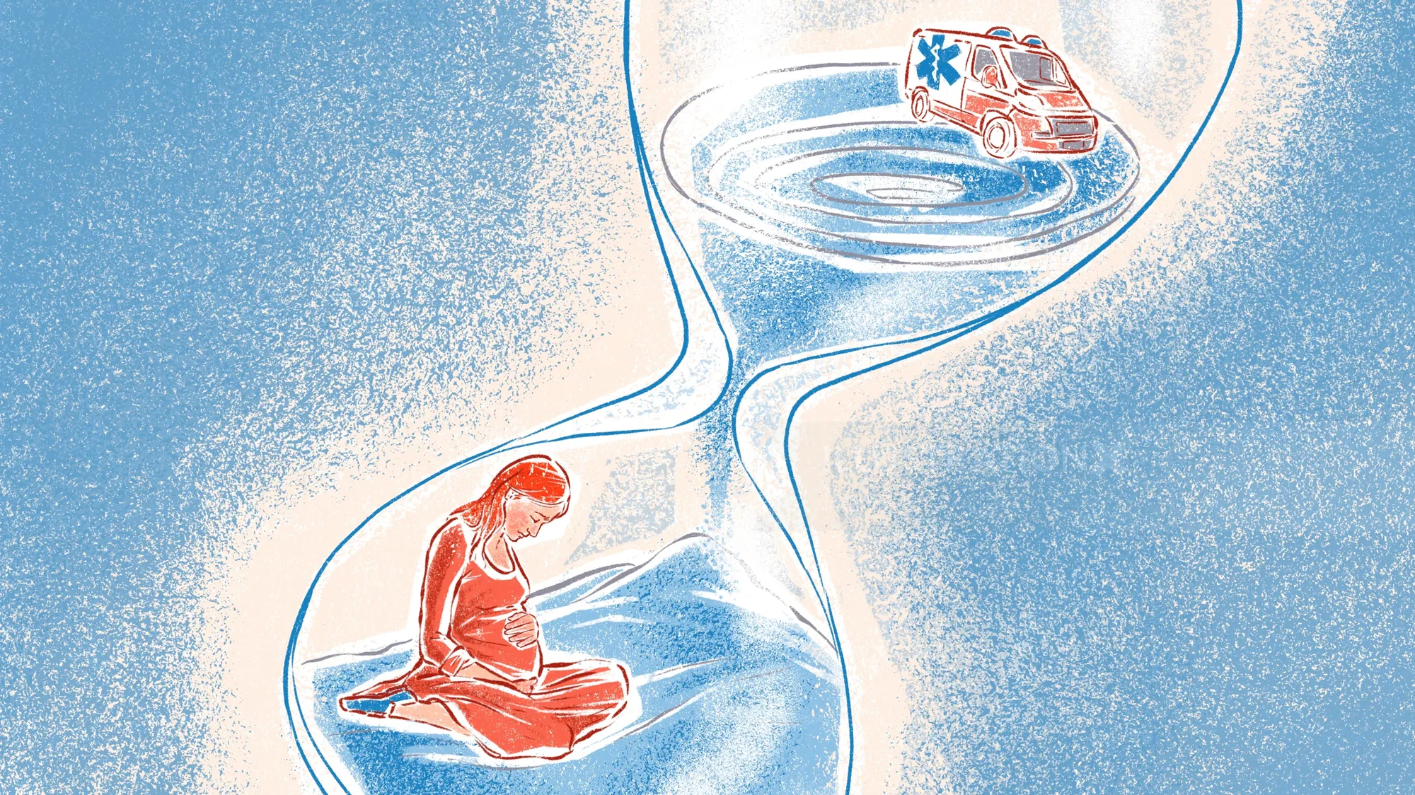 Illustration einer Frau und eines Krankenwagens in einer Sanduhr zum Thema Verspätung des Rettungsdienstes, Roma Gavrila