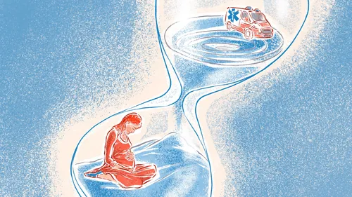Illustration einer Frau und eines Krankenwagens in einer Sanduhr zum Thema Verspätung des Rettungsdienstes, Roma Gavrila