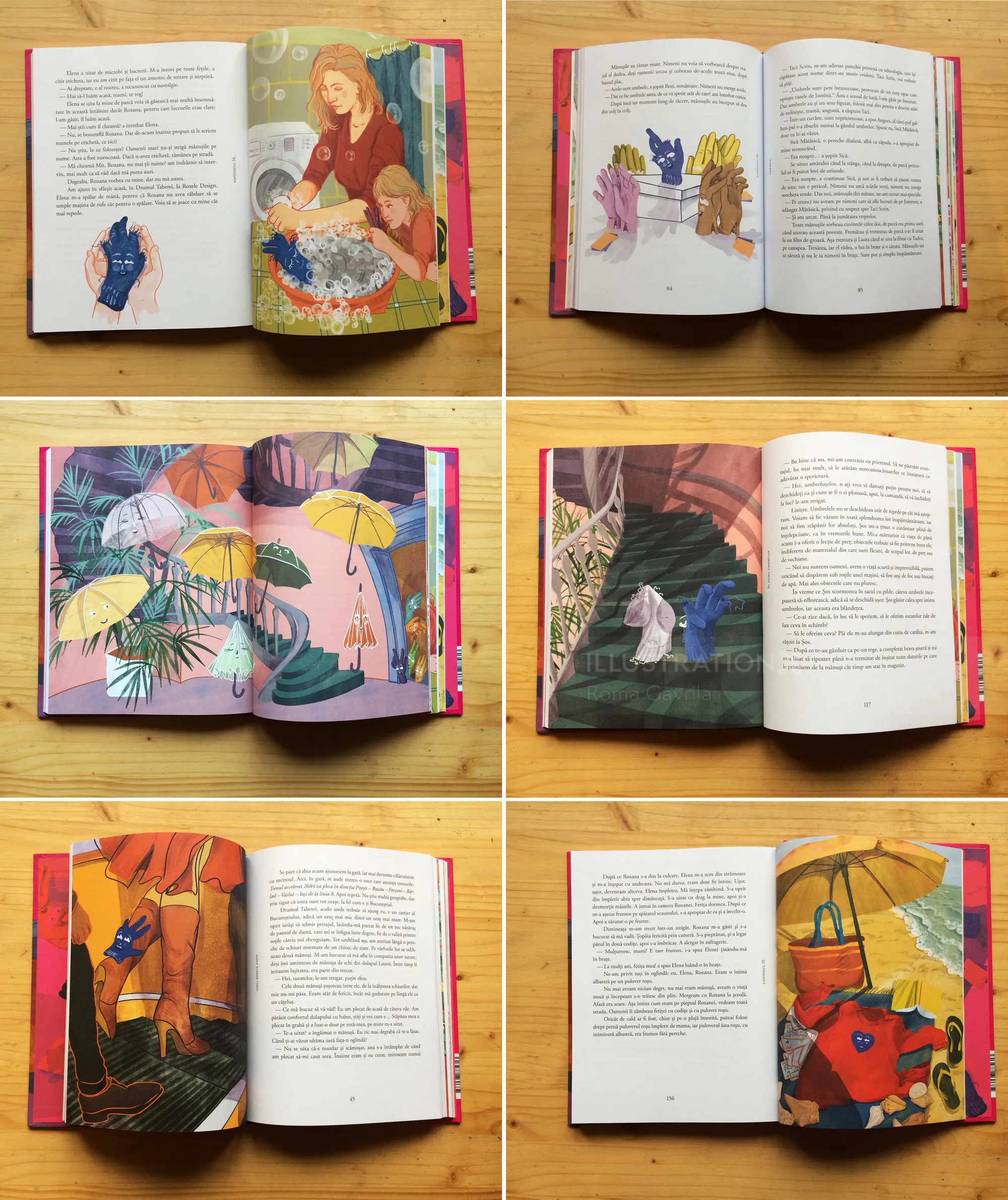 Farbenfrohe Kinderbuchseiten mit Handschuhfiguren und Szenen von Roma Gavrila