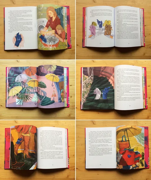 Farbenfrohe Kinderbuchseiten mit Handschuhfiguren und Szenen von Roma Gavrila