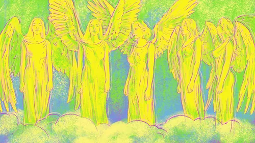 Psychedelic colored angels standing on clouds by Roma Gavrila
