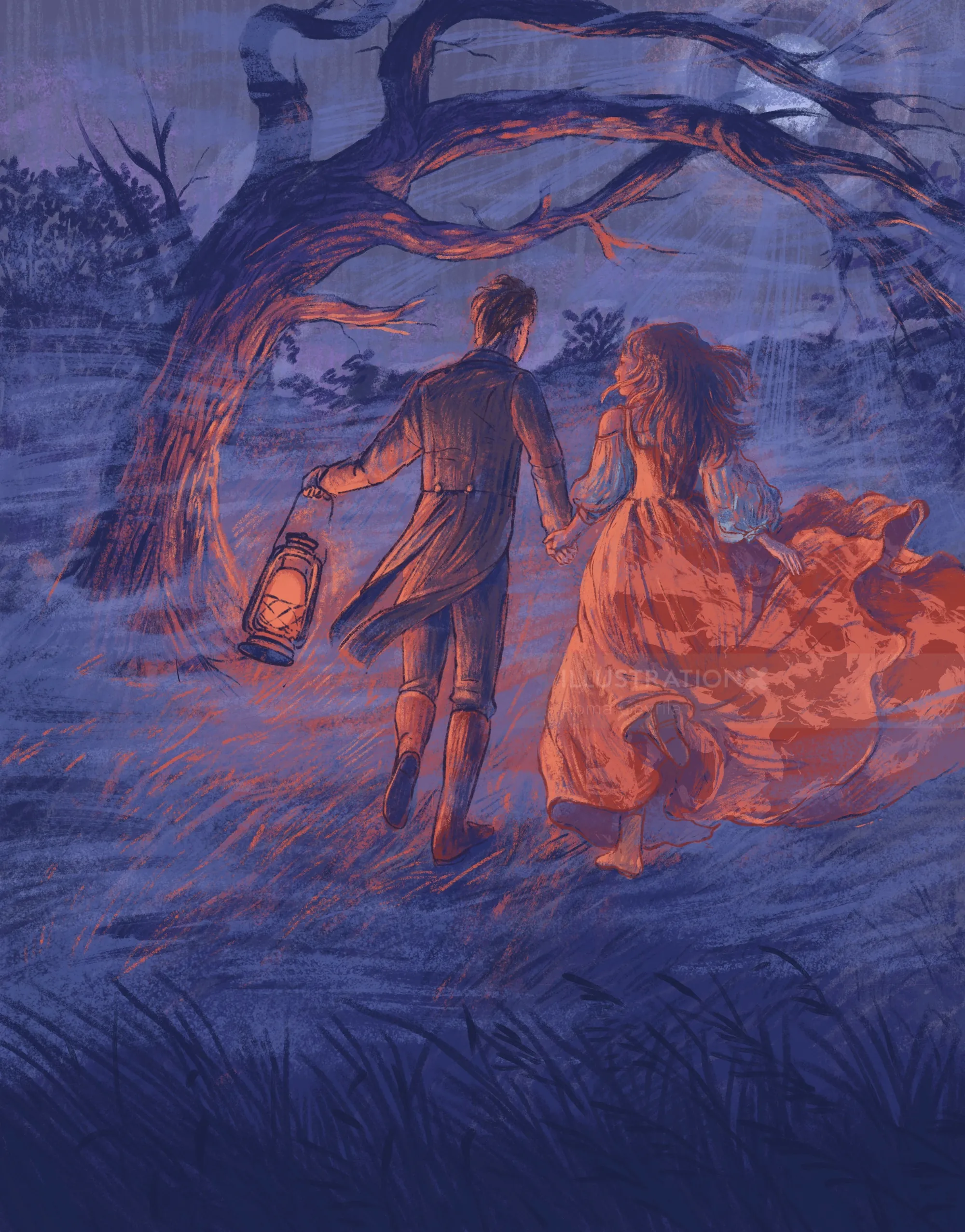 Illustration von Roma Gavrila: Ein Paar durchquert neblige Moore
