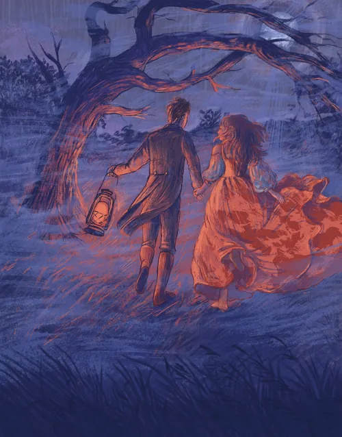 Roma Gavrila illustration of a couple crossing misty moors