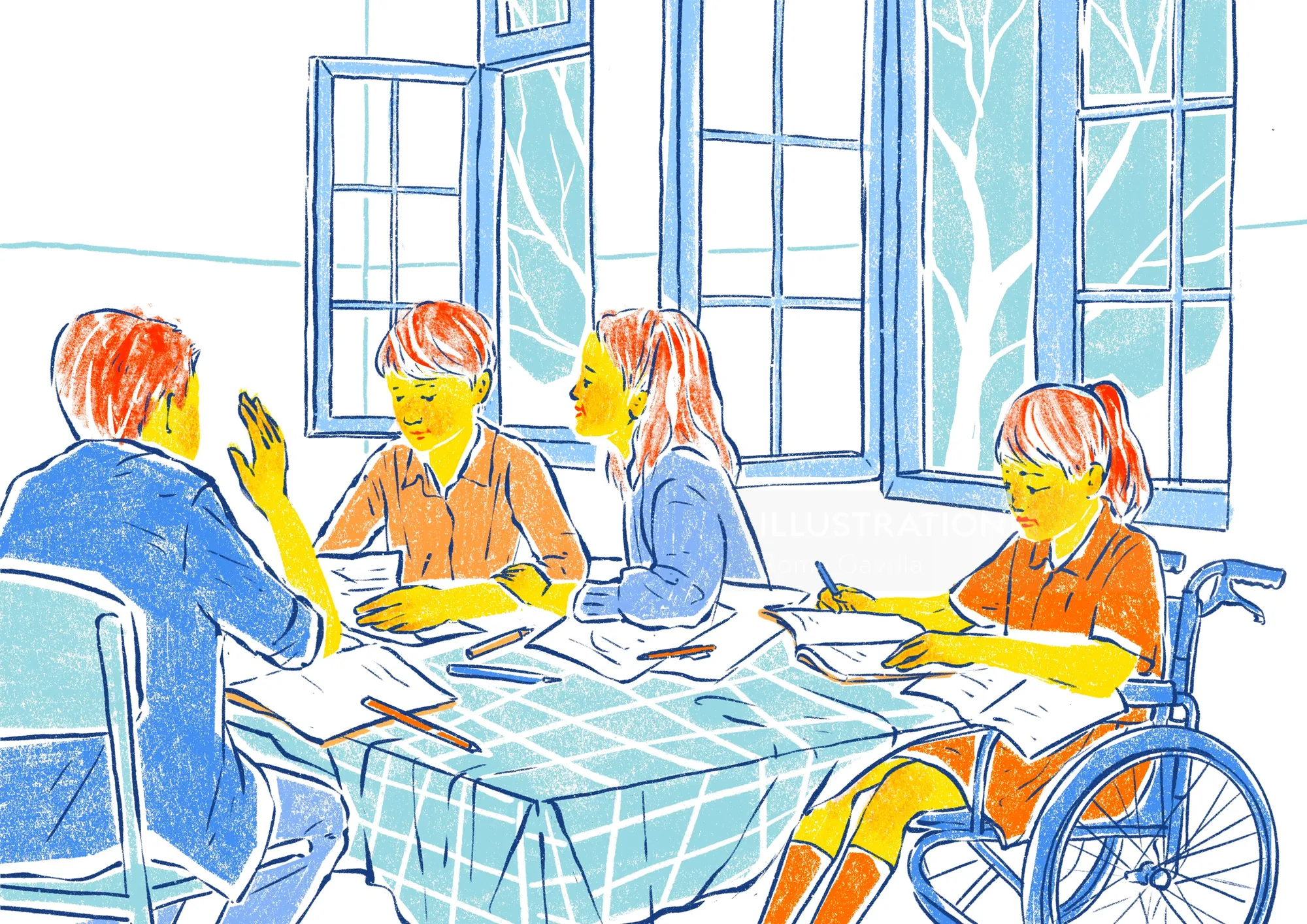 Roma Gavrila illustration of children learning together in an inclusive classroom