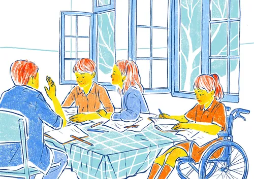 Roma Gavrila illustration of children learning together in an inclusive classroom