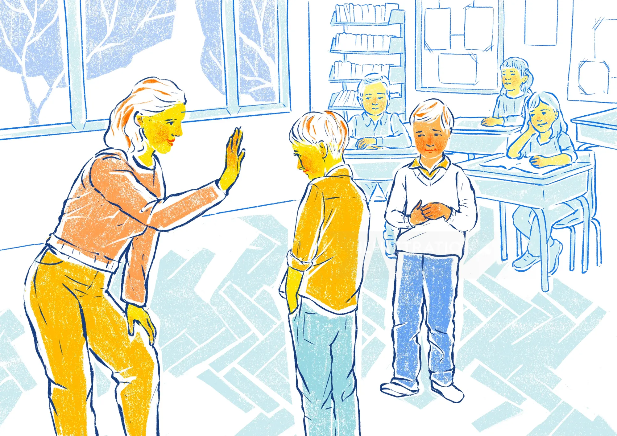 Roma Gavrila illustration of children and a teacher in an inclusive classroom