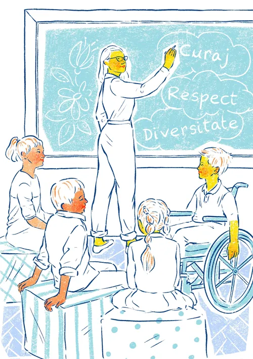 Roma Gavrila illustration of children learning in an inclusive classroom