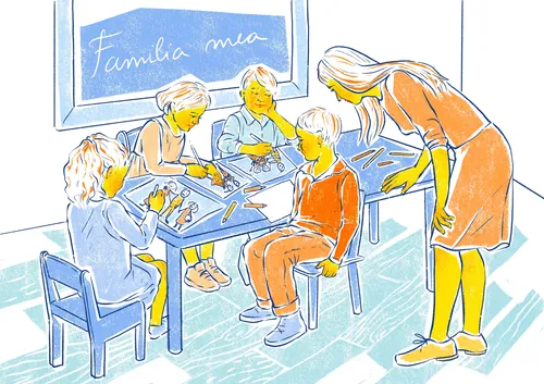 Roma Gavrila illustration of children learning together in an inclusive classroom