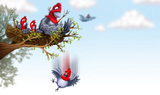 Ilustración de pájaros con sus crías en el nido.