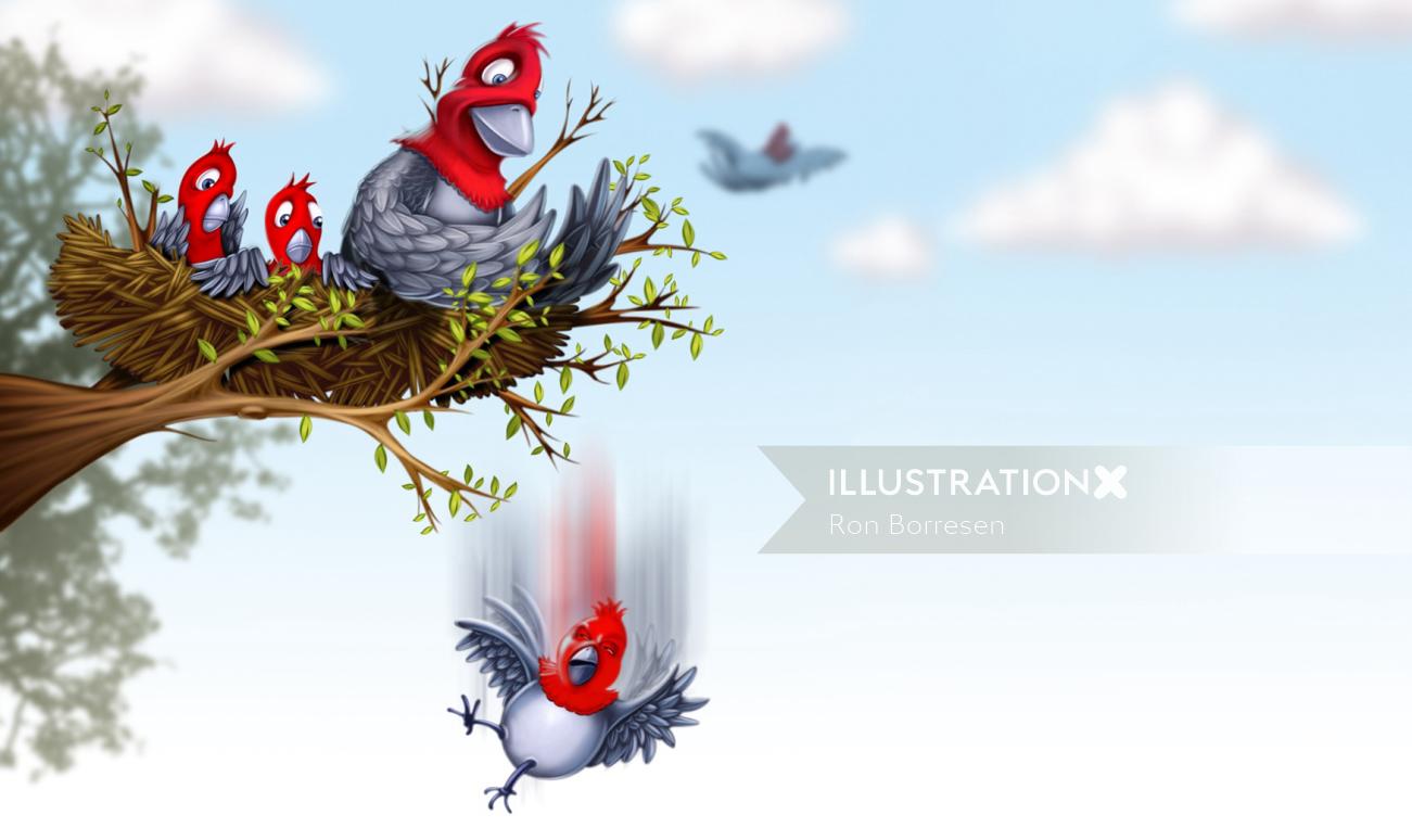 ilustração de pássaros com seus bebês no ninho