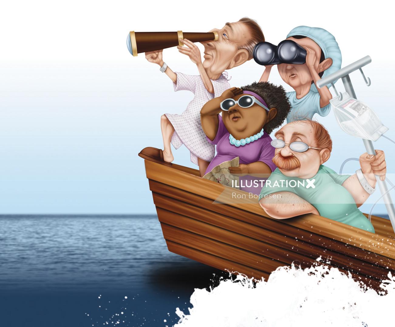 Ilustração de pessoas viajando em um barco