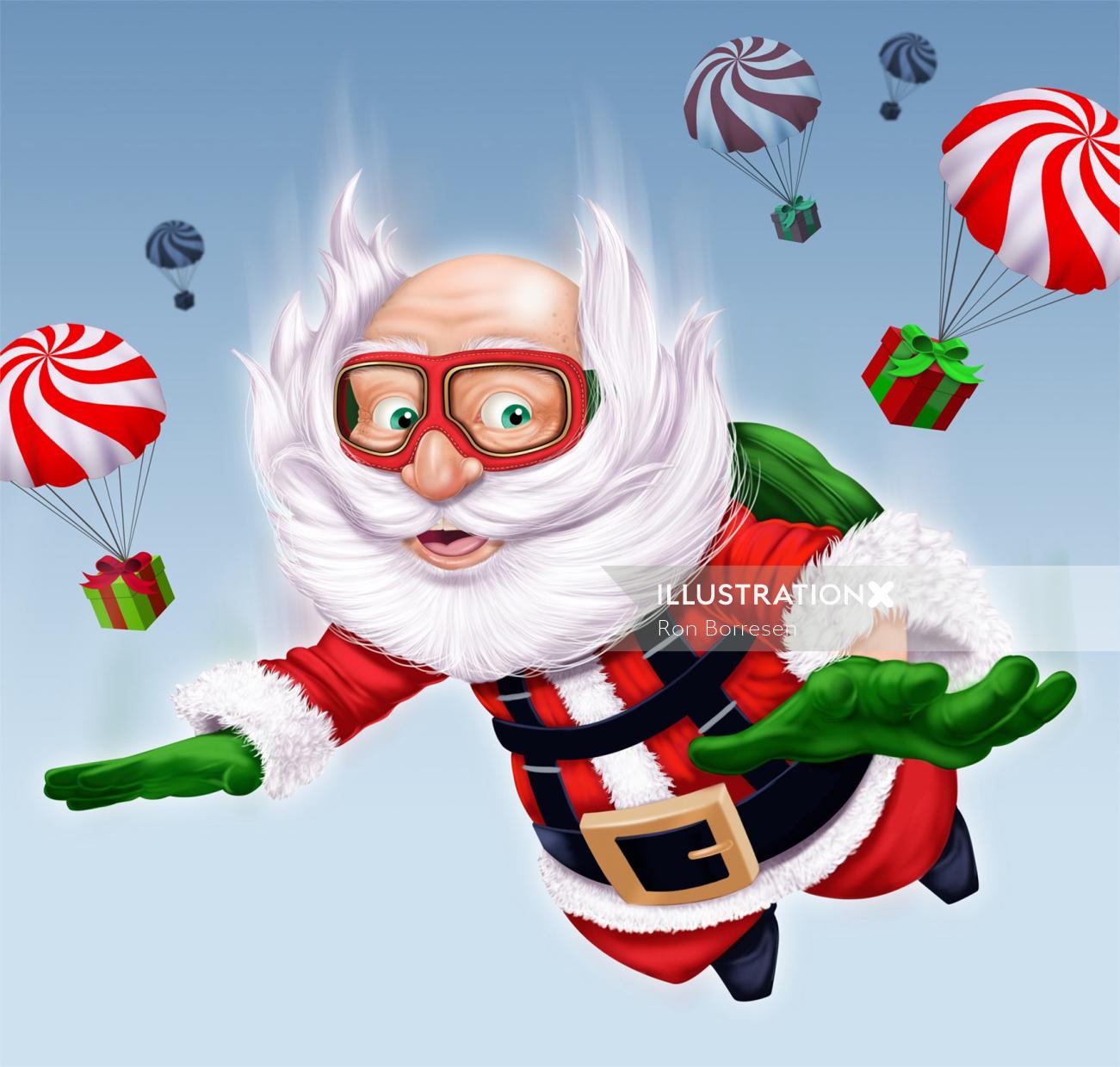 Children illustration Santa flying in air