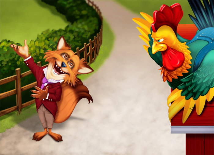 Children illustration of anthropomorphic Fox and Rooster