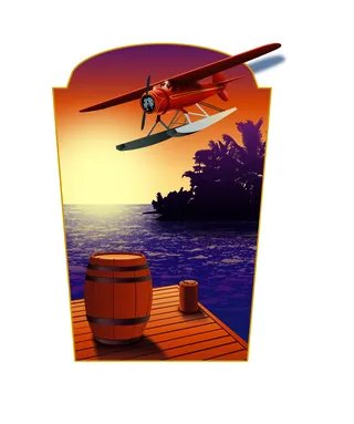 Red seaplane flying over dock, ocean, and trees at sunset by Ron Borresen