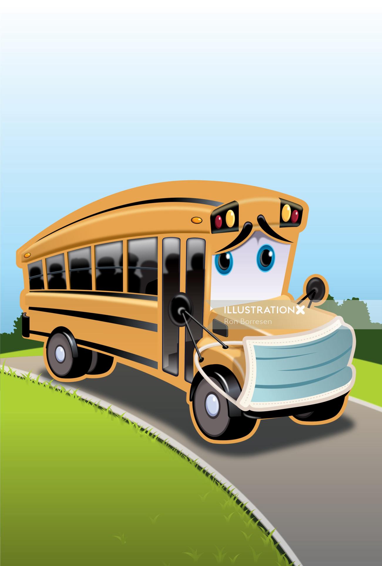 Desenho de personagens de ônibus com cara triste