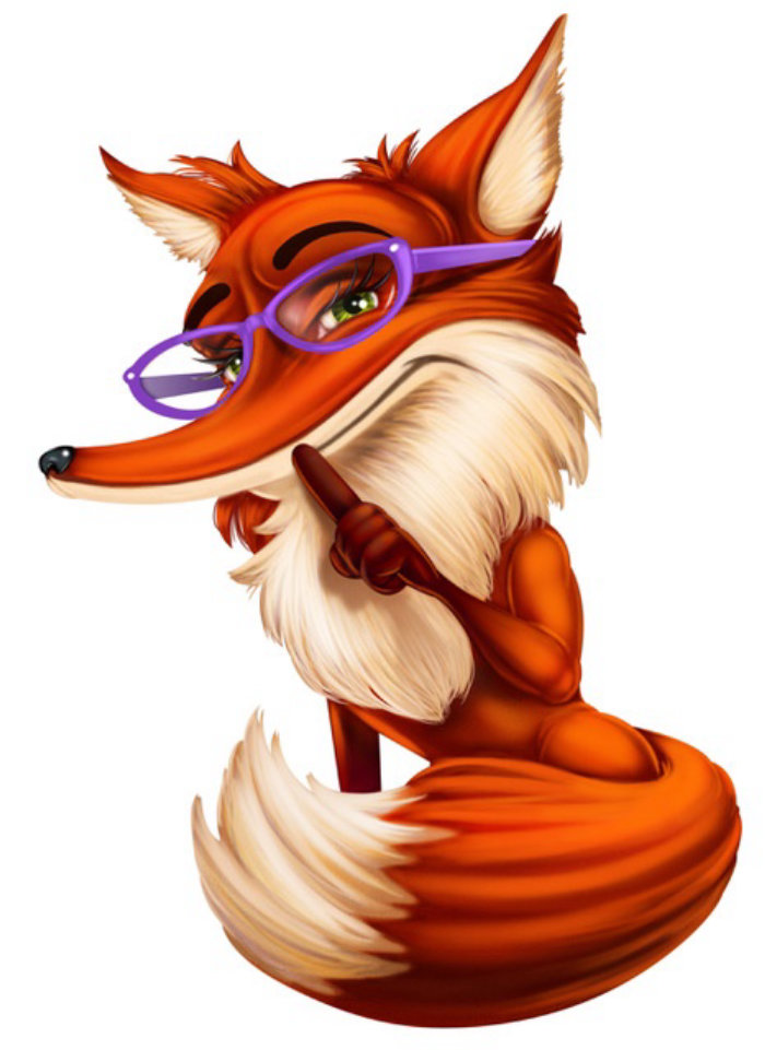Desenho de personagem de raposa com óculos roxos