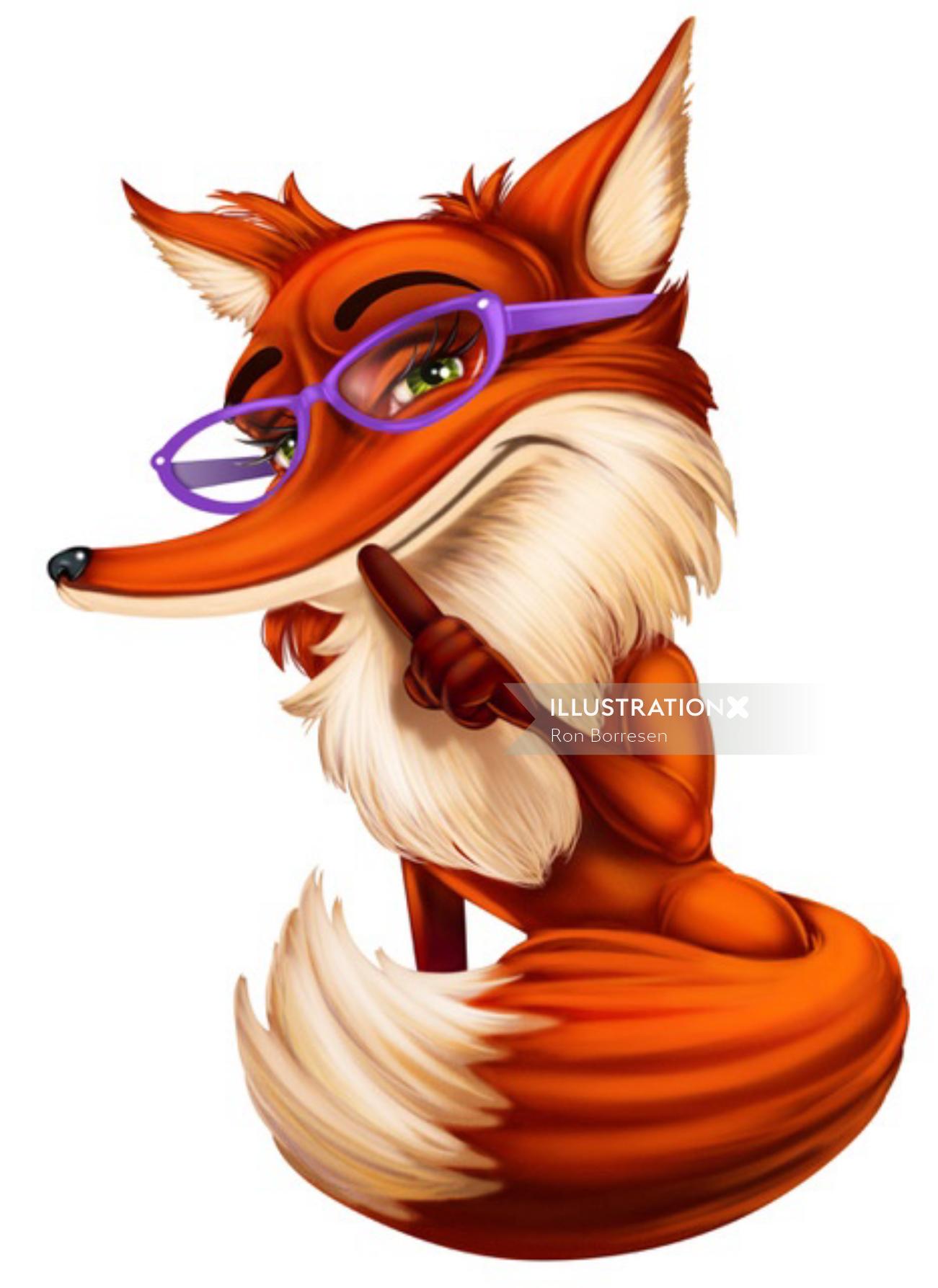 Desenho de personagem de raposa com óculos roxos