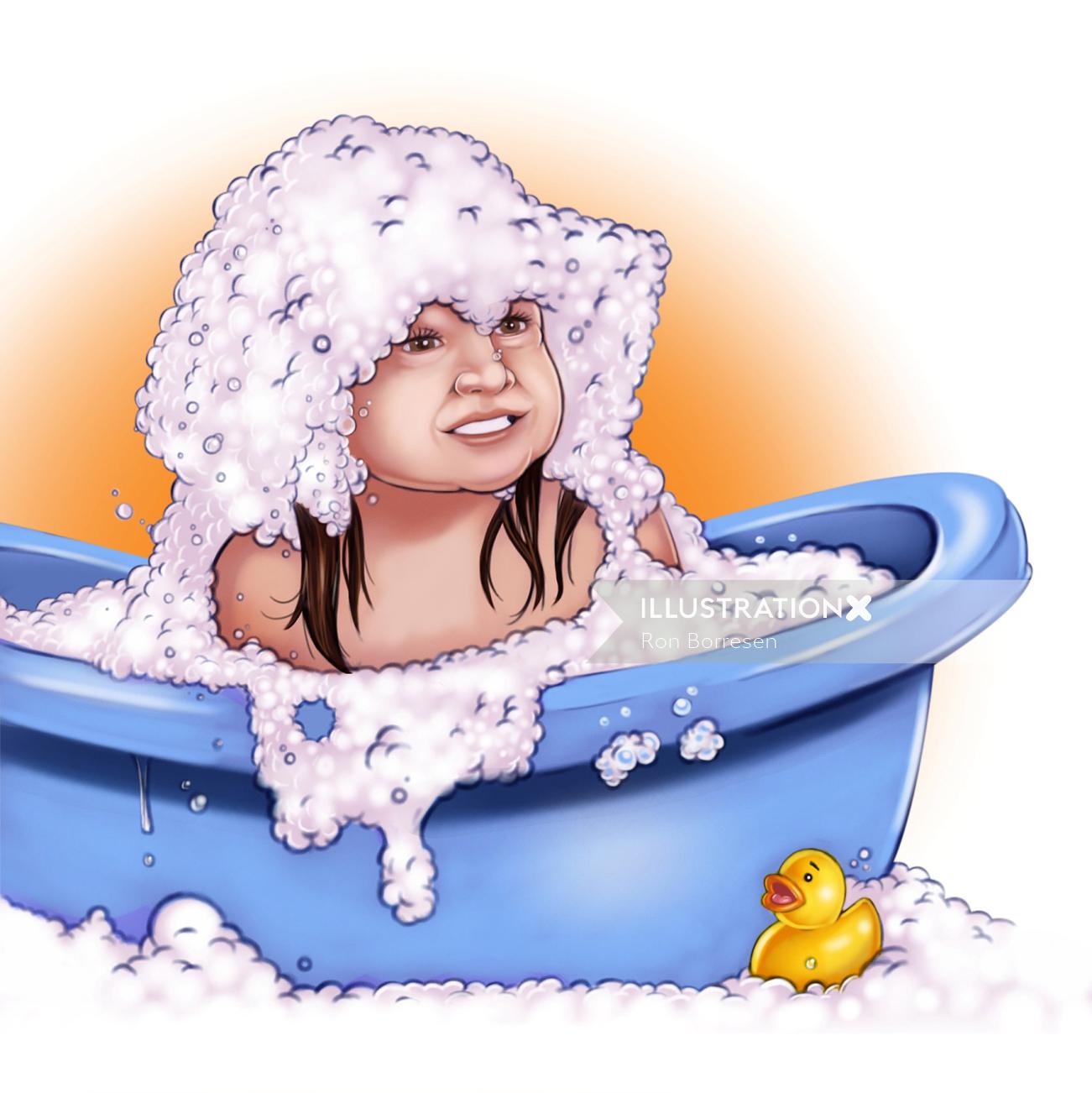 Diseño de personajes de baño de burbujas de niña.