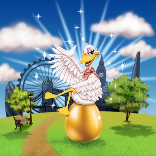 Cartoon duck with pink bow sitting on golden egg in London park by Ron Borresen