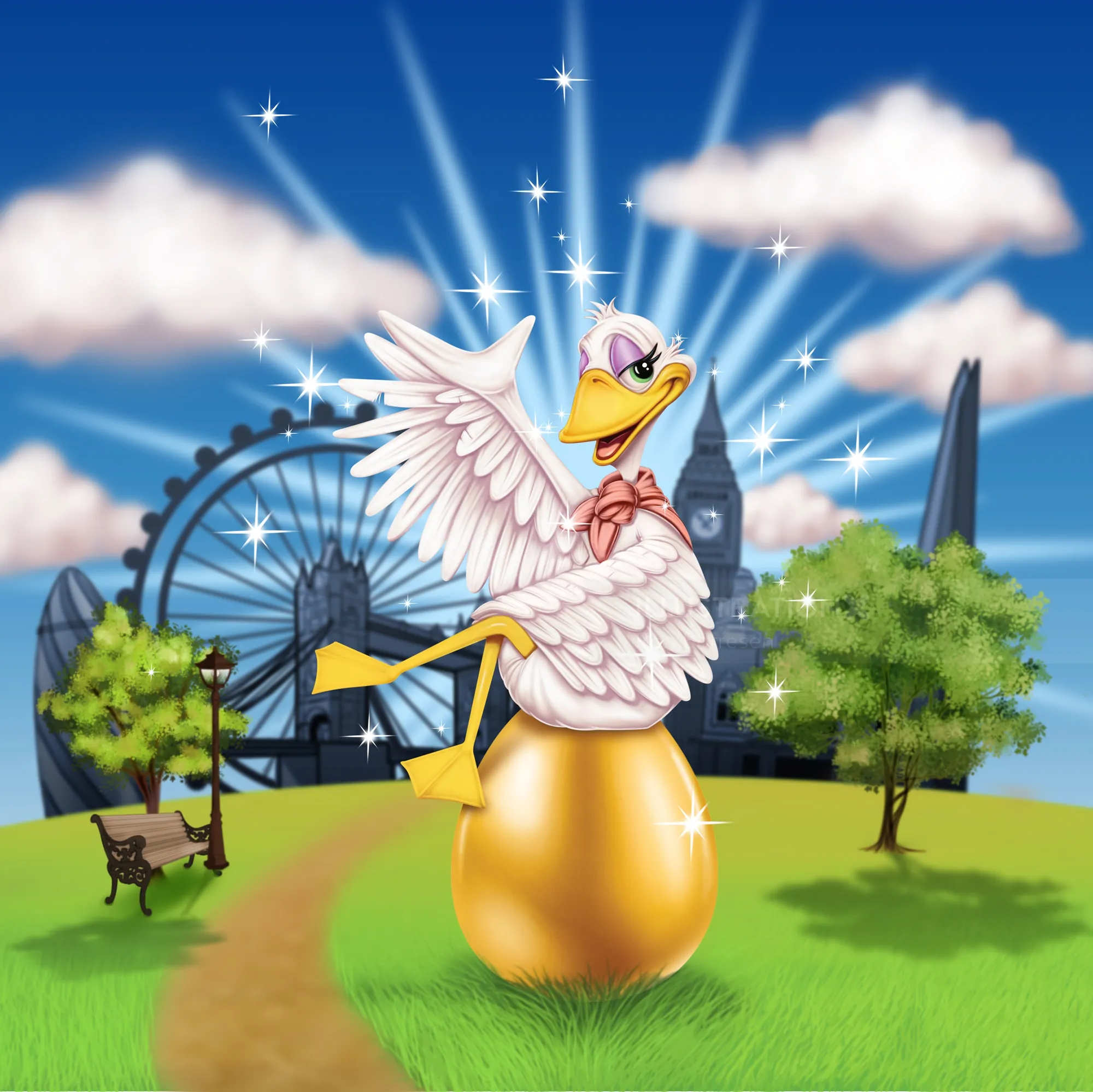 Cartoon duck with pink bow sitting on golden egg in London park by Ron Borresen