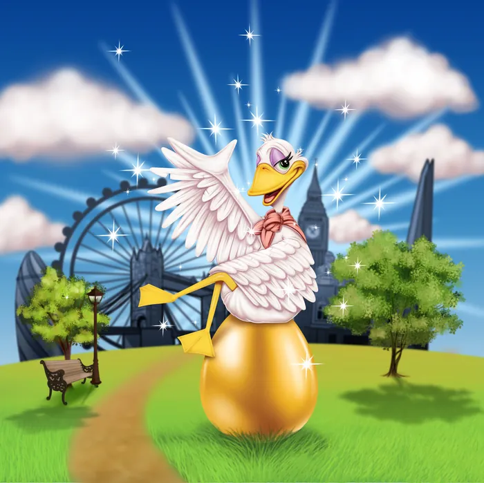 Cartoon duck with pink bow sitting on golden egg in London park by Ron Borresen