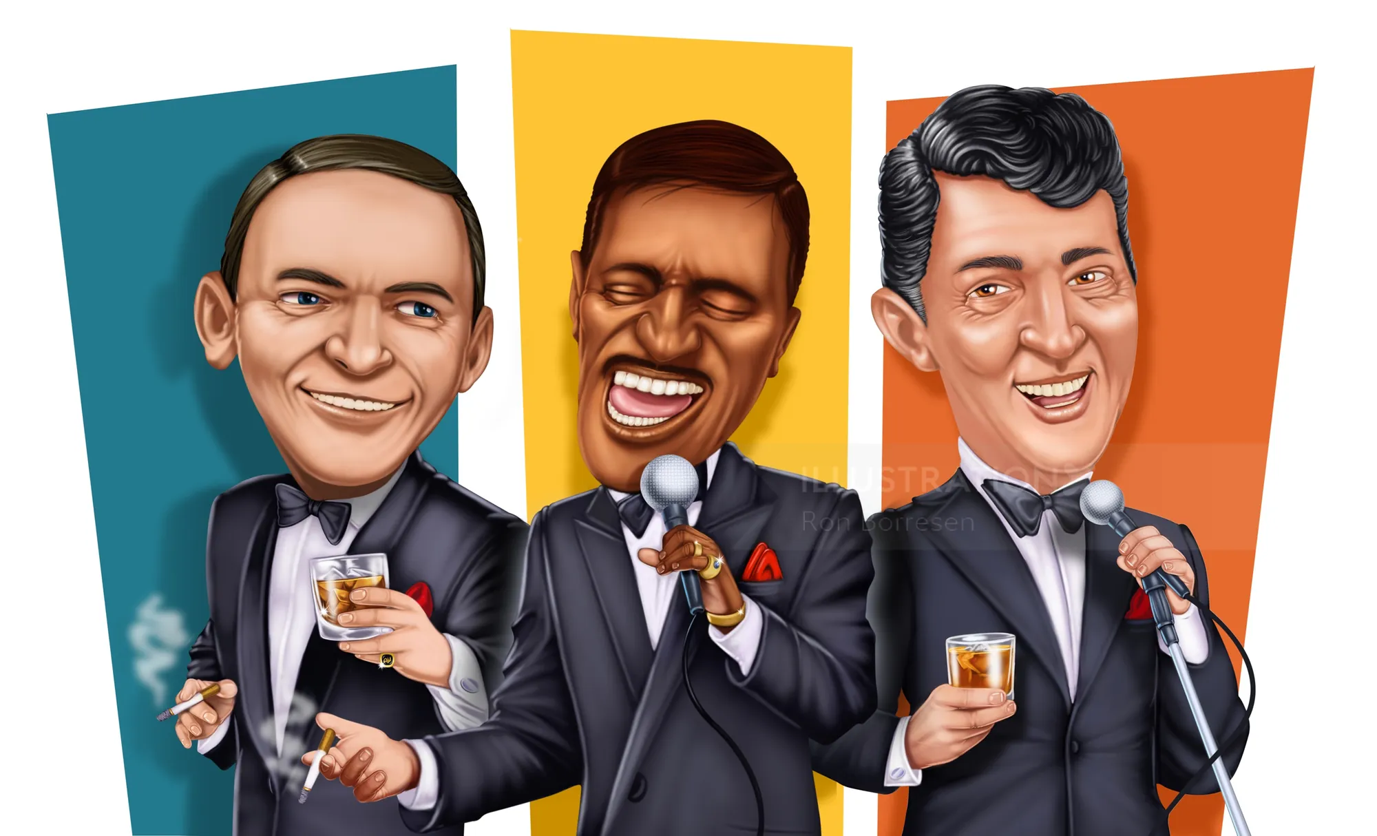 Caricature of three male crooners with microphones and drinks by Ron Borresen