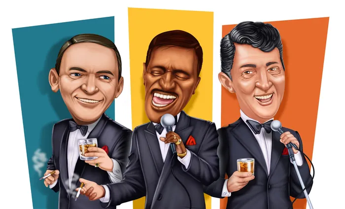 Caricature of three male crooners with microphones and drinks by Ron Borresen