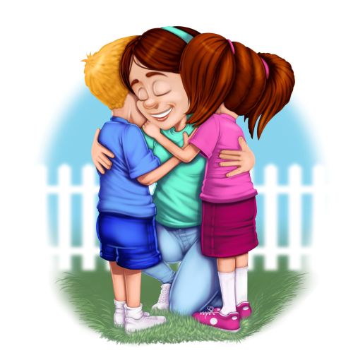 Two children hugging a woman outdoors near white fence by Ron Borresen