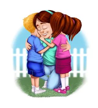 Two children hugging a woman outdoors near white fence by Ron Borresen